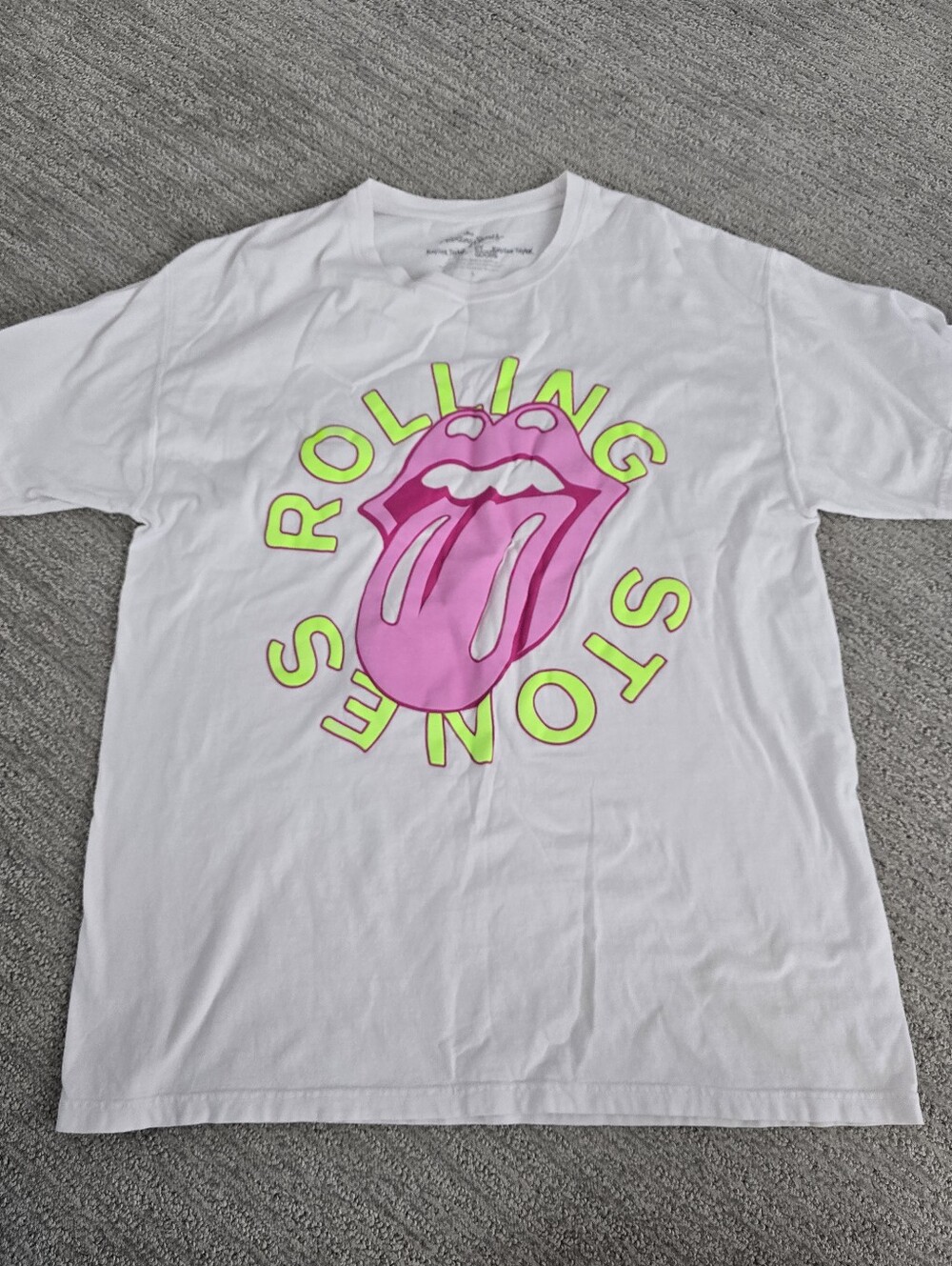 Rolling Stones Graphic Tee with Pink Tongue Logo And Neon Lettering Unisex